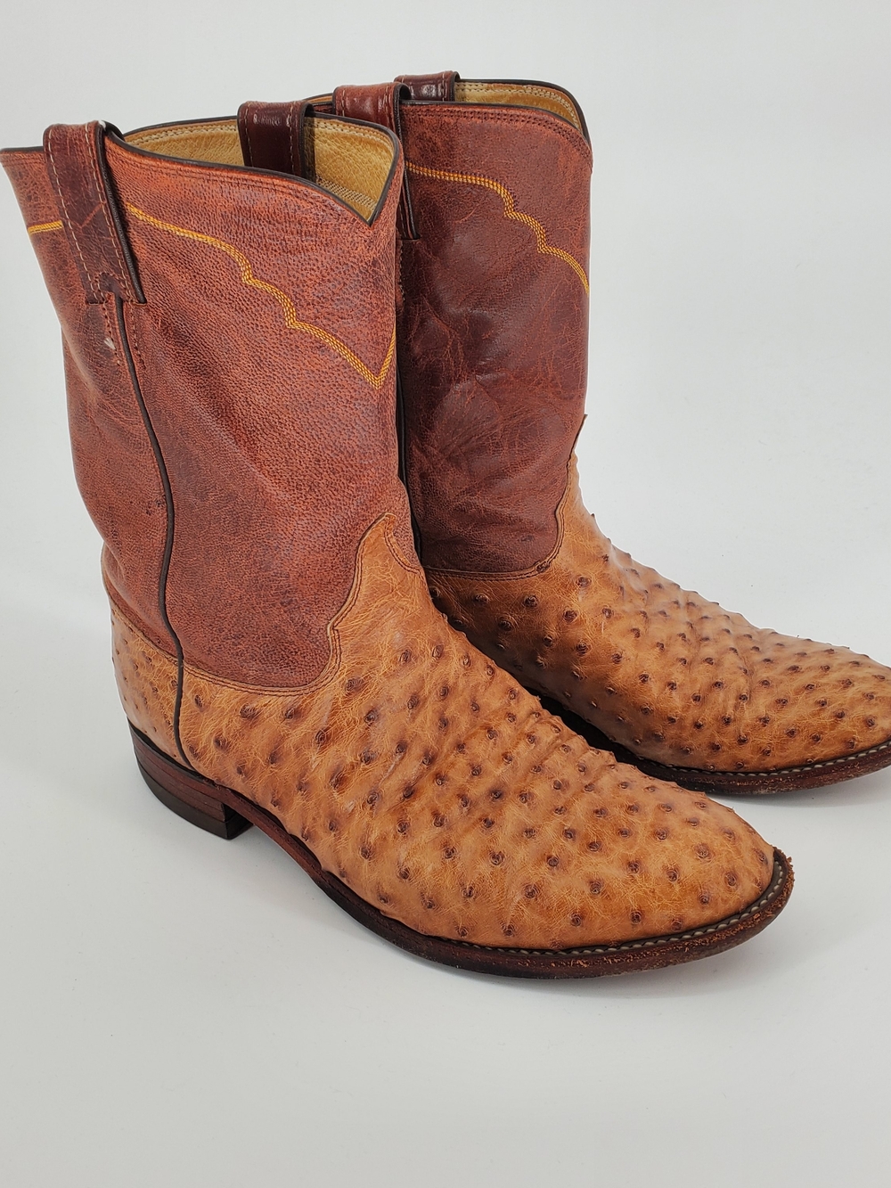 Justin Boots Exotic Roper Collection Antique Cognac Full Quill Ostrich Size 10